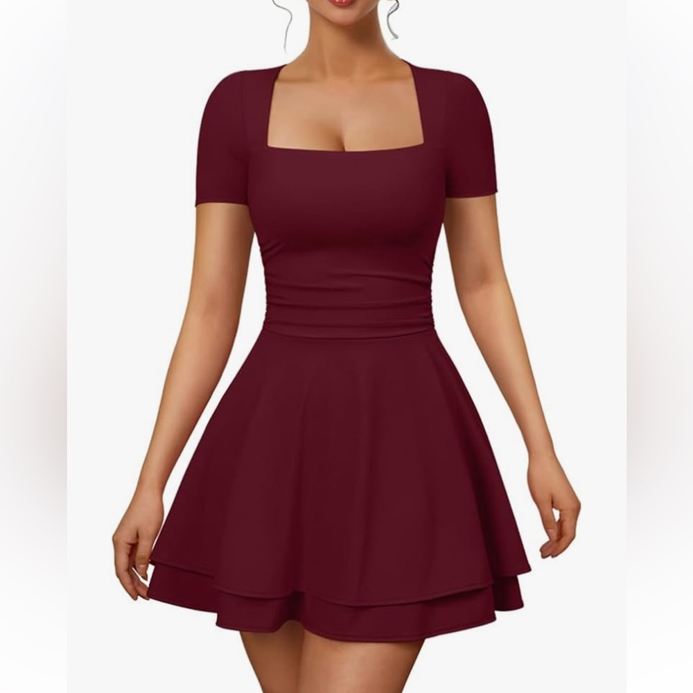 OYS Winered Fit & Flare Dress Square Neck Snatched Waist Skater Date Night Large